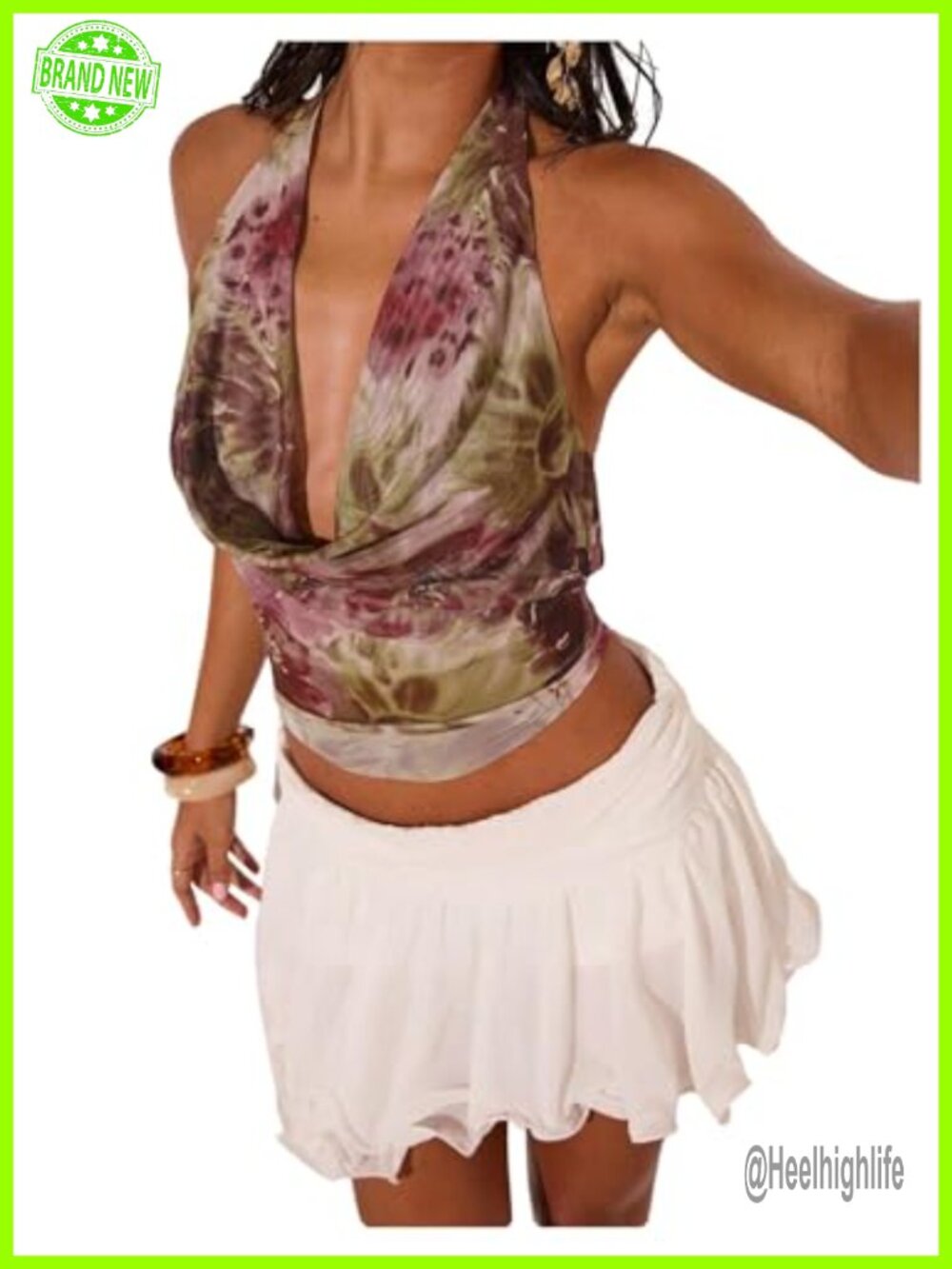 Sheer Mesh Halter Top Cowl Neck Backless Y2K